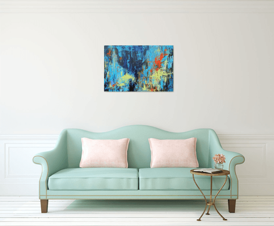 Large Abstract Landscape Painting. Blue, Red, Teal, Brown. Modern Textured Art