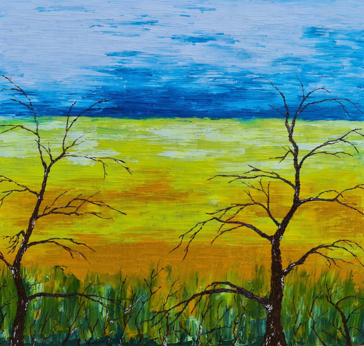 Impressionistic Landscape Oil Painting By Daniel Urbani?k, 16 X 16, Trees Near The Field, Original Artwork