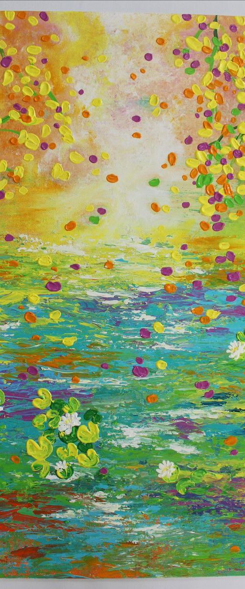 "Dreamy World" - Claude Monet Inspired Impressionistic Acrylic Lily Pond Painting by Vikashini Palanisamy