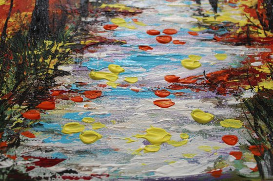 Walk in the Rain -Autumn trees -Acrylic painting on stretched canvas -Impressionistic Landscape painting