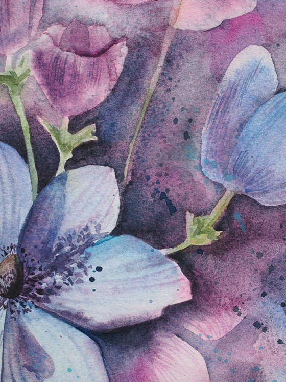 Anemones - purple flower, original watercolor