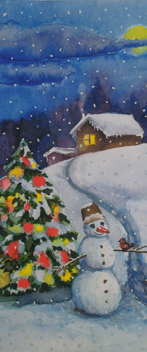Night watchman, Christmas and New Year watercolor greeting card by Julia Gogol