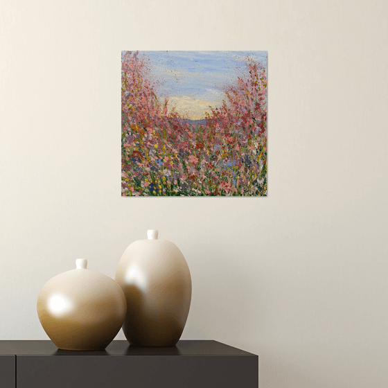 "flowers" wall decor square abstract oil painting contemporary romantic art with optimistic and positive energy