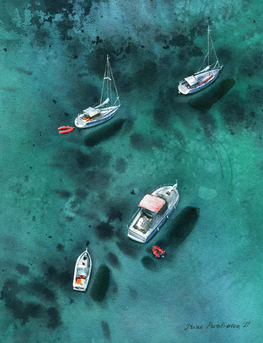 Sailing boats original watercolor ocean painting, turquoise artwork, sea landscape gift id... by Irina Povaliaeva