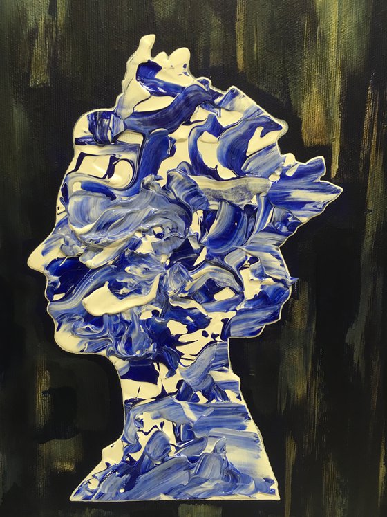 Queen # 81 on deep blue , white and ultramarine Marble Pattern  PAINTING INSPIRED BY QUEEN ELIZABETH PORTRAIT