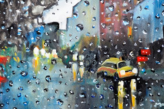 Long Drive in Rain romantic watercolor painting