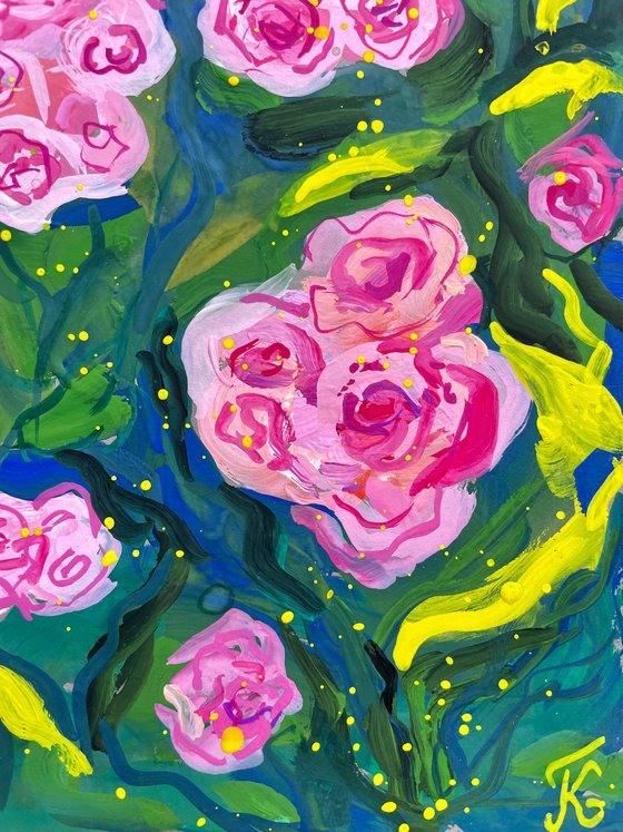 Roses Original Gouache Painting, Pink Flower Wall Art, Cottagecore Home Decor