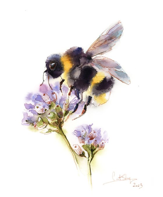 Bumblebee on Flowers Watercolor Painting