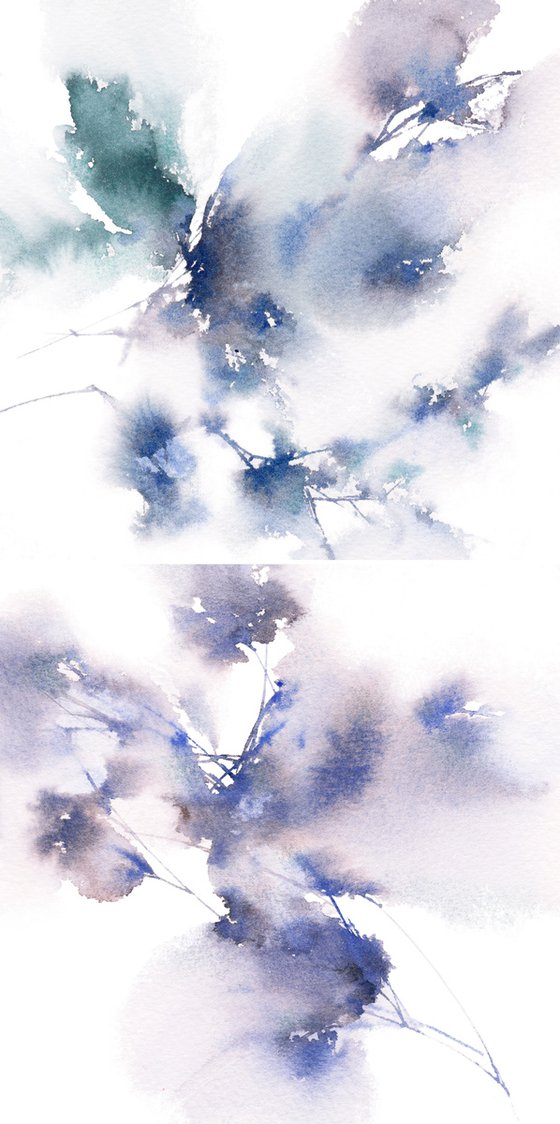 Blue flowers diptych. Watercolor painting set of 2