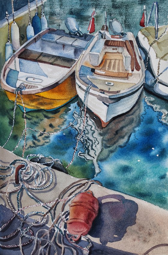 Boats in the port - colorful seascape original watercolor