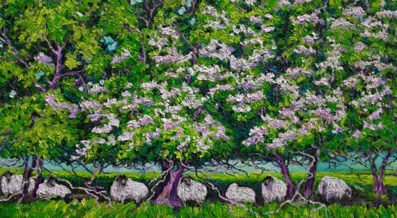 Flock of Sheep Under Pear Trees