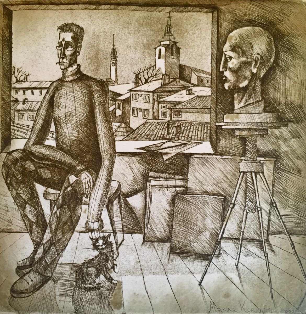 Portrait Etchings & Engravings By Marina Korenfeld, 8 X 9", Provence, Original Artwork