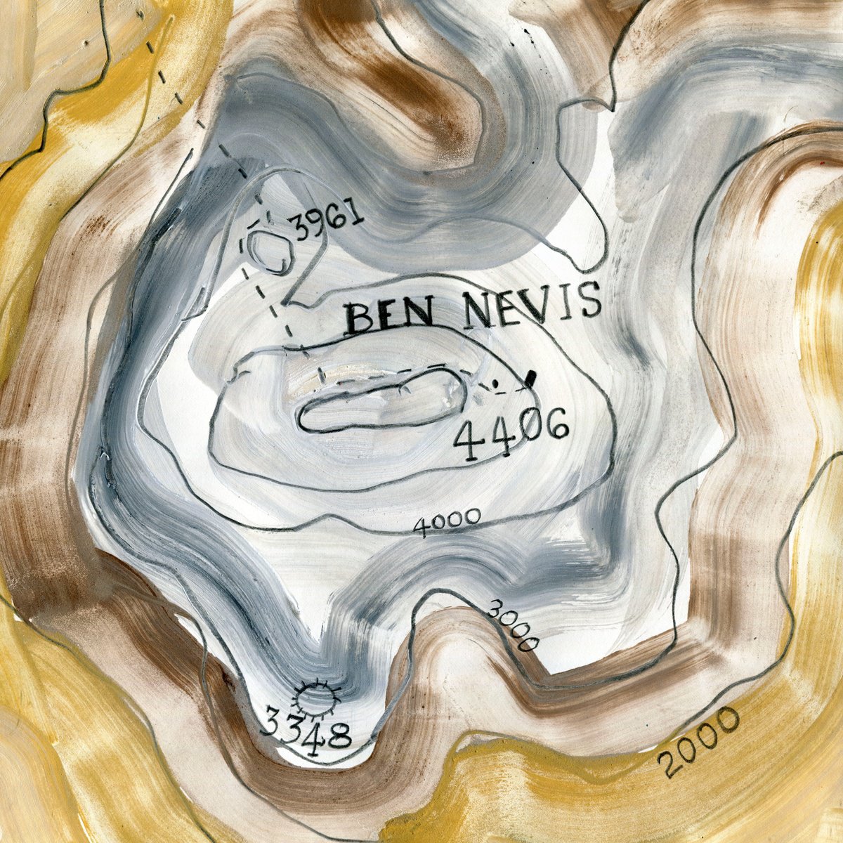 Abstract Pencil Drawing By Elizabeth Anne Fox, 12 X 12, Ben Nevis Summit, Scotland, Original Artwork