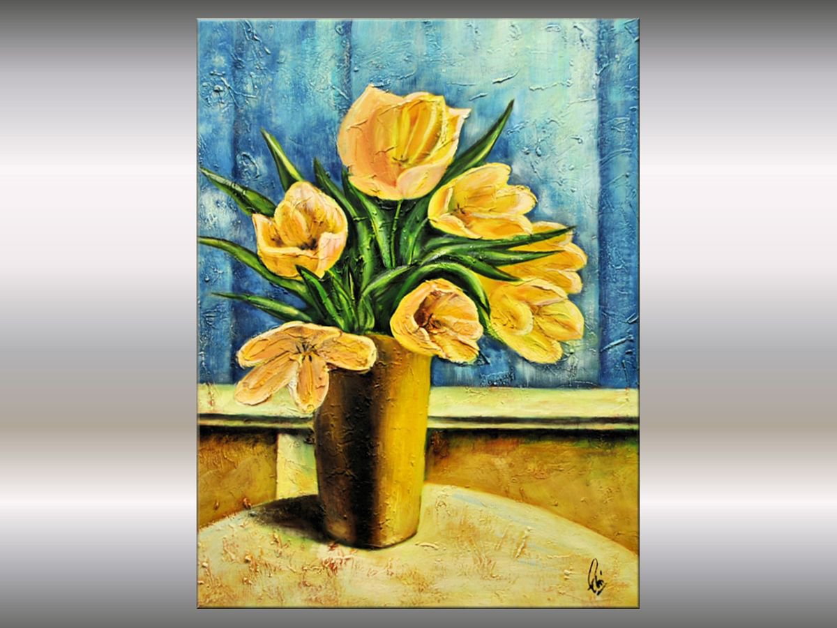 Tulip Bouquet - Abstract Painting- Acrylic Art - Blue Painting - Flower Painting - Canvas... by Edelgard Schroer