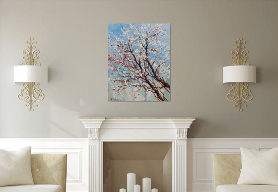 Flowering apricot tree Original oil painting