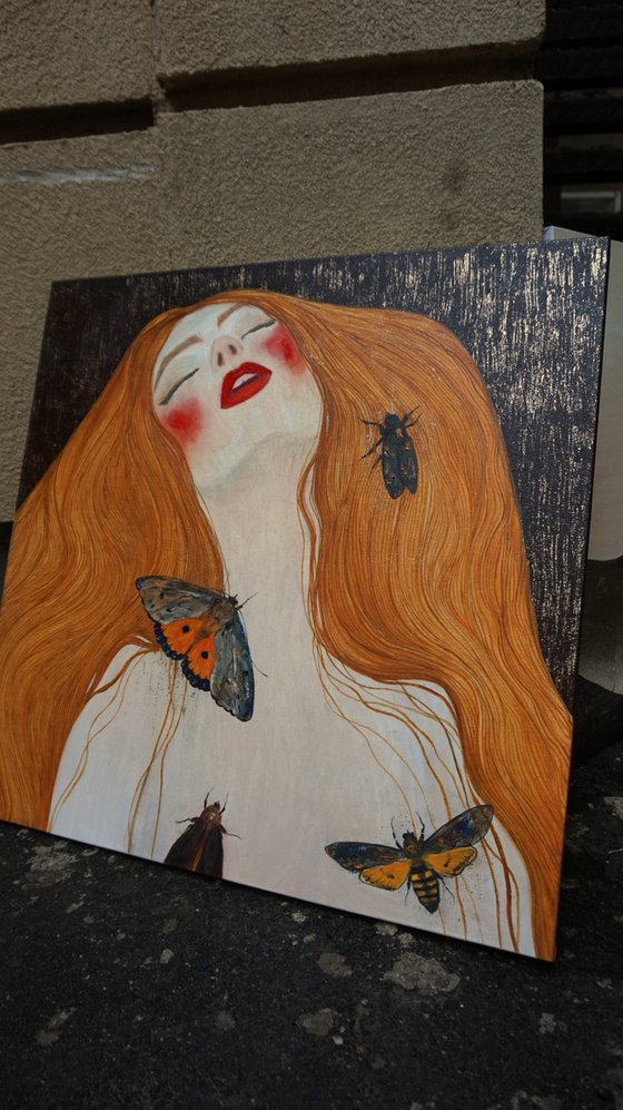 Redhead girl and butterflies / Painting by Anastasia Balabina