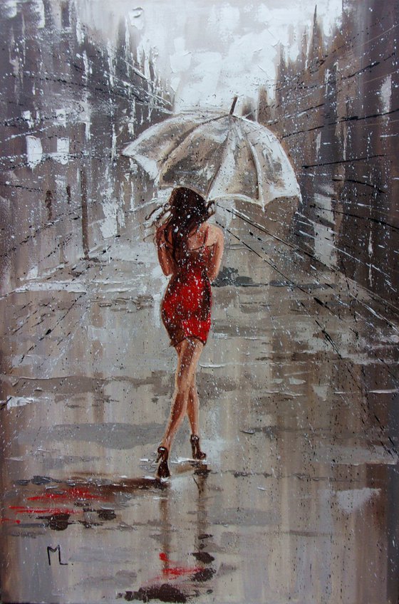 " RAINY SPRING ... "  RAIN street spring summer original painting CITY palette knife GIFT