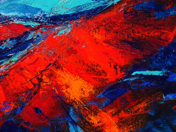 MOMENTS IN TIME I. Teal, Blue, Aqua, Navy, Red Contemporary Abstract Painting with Texture