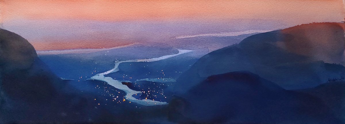 Impressionistic Landscape Watercolour By Prashant Prabhu, 30 X 11", Thousand Lights, One River, Original Artwork