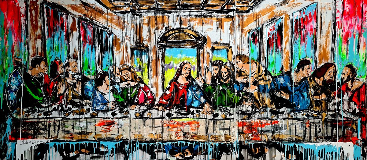 Impressionistic Portrait Acrylic Painting By Antoni Dragan, 161 X 79, Vitruvian Man At The Last Supper Enorme, Original Artwork