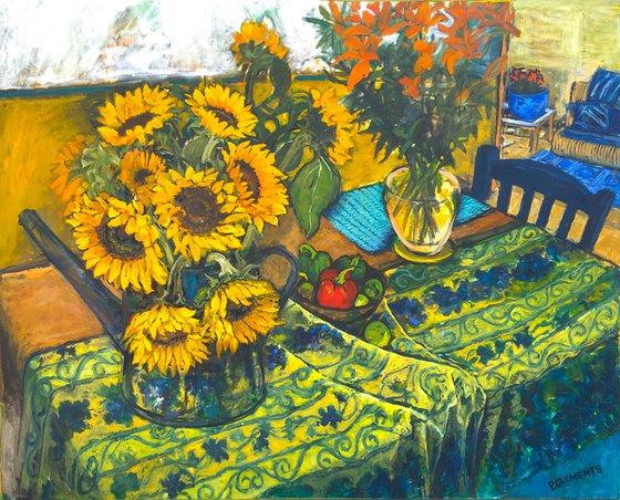 Sunflowers and French Tablecloth still Life, large,