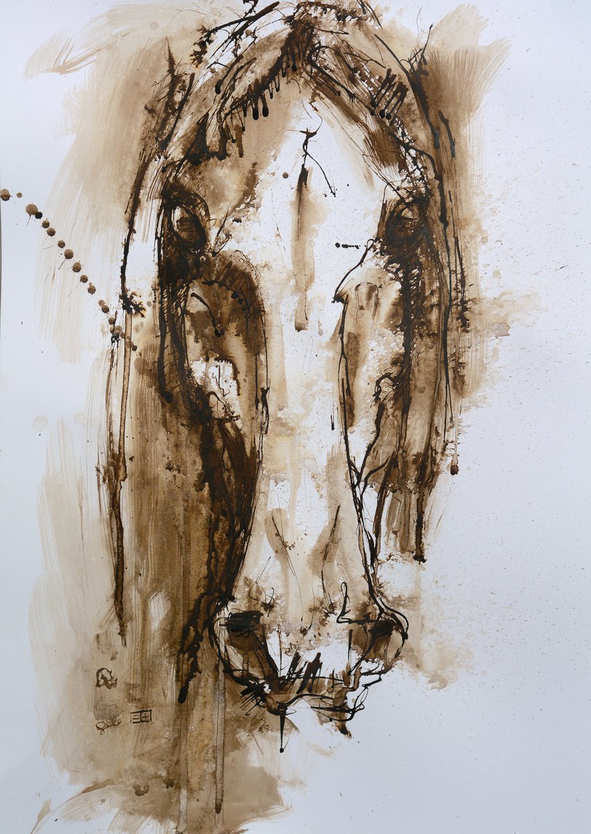 Expressive Animal Ink Drawing By Benedicte Gele, 17 X 23, Face To Face 6A, Original Artwork