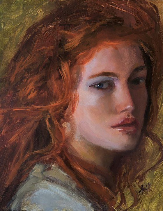 Redhead female portrait oil painting, Romantic Impressionist style.