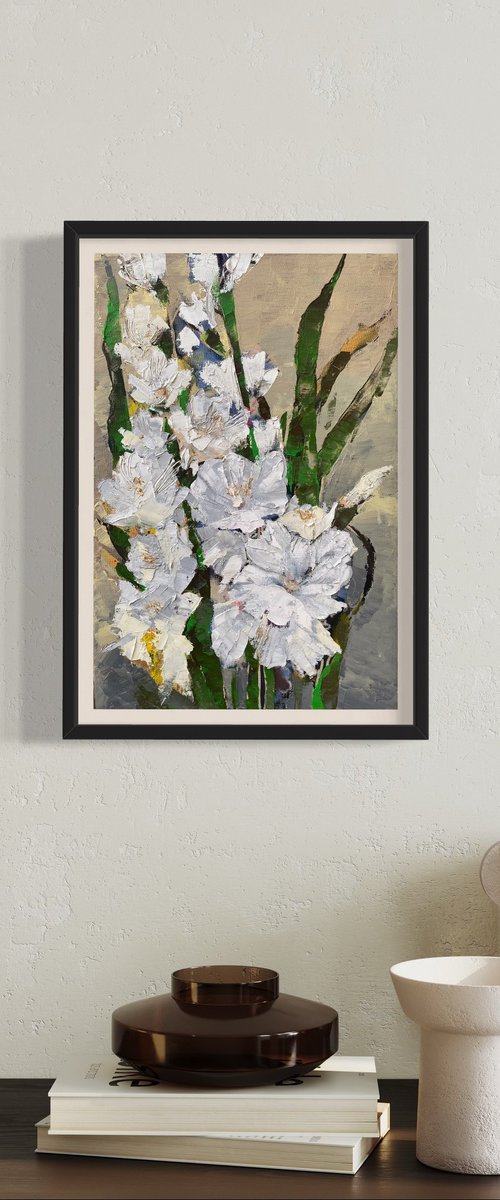 WHITE GLADIOLUSES by Oksana Petrova