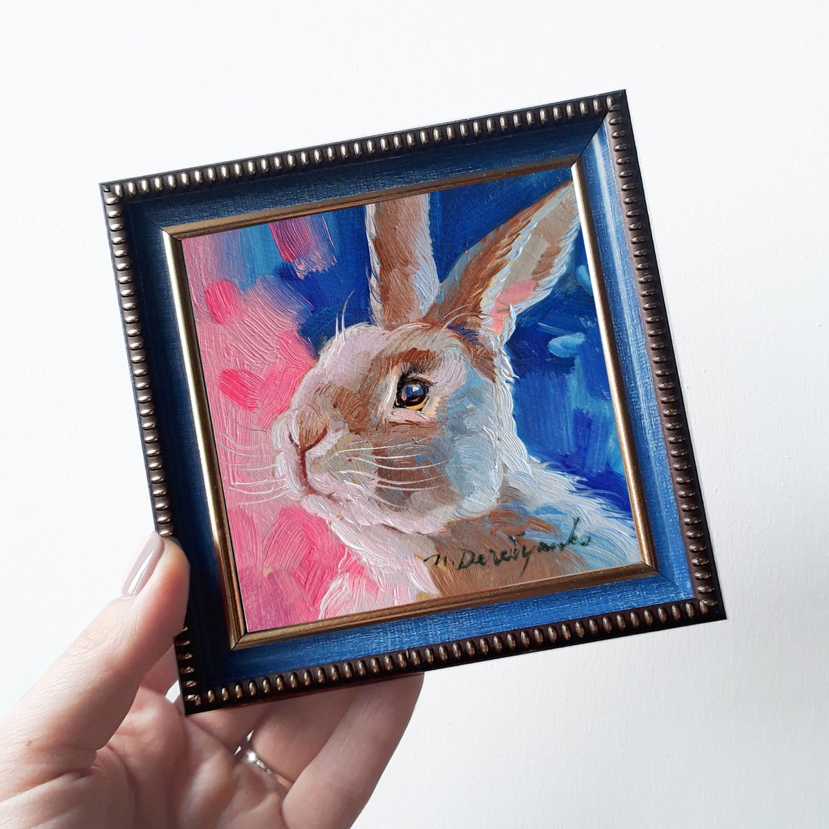 Bunny painting original oil framed 4x4, Small animal art rabbit artwork by Nataly Derevyanko