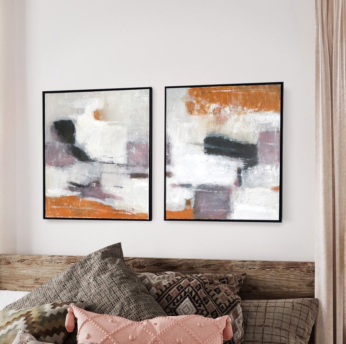 Abstract Acrylic Painting By Bo Kravchenko, 42 X 25, Raw White Dark Pearly Diptych, Original Artwork