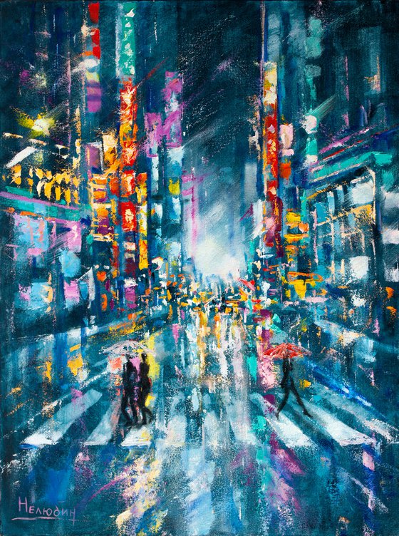 "Street of the night city" people with umbrella , original oil painting