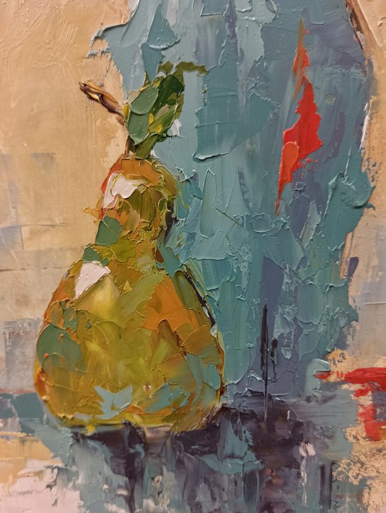 Poppy in vase and pear. Modern still life painting