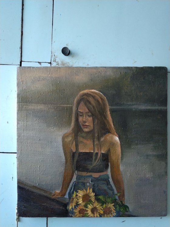 Girl with sunflowers, 58x58cm, oil/canvas