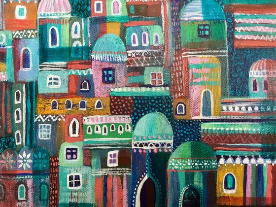 Mosaic City, Original acrylic canvas painting 25.5x25.5cm