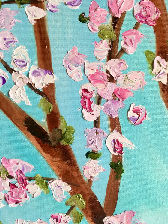 Apple blossom , spring in London white, pink, turquoise 81 x 61 cm  ready to hang oil painting