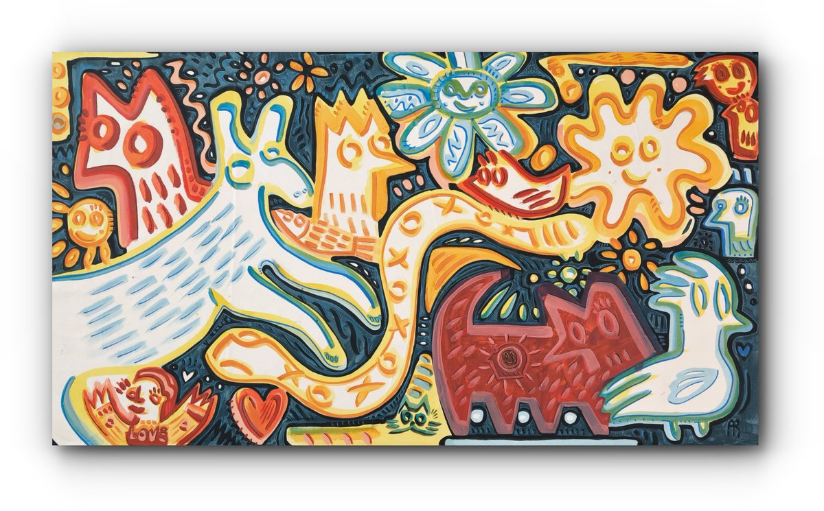 Expressive Animal Acrylic Painting By Angel Rivas, 73 X 41, Natural Harmony, Original Artwork