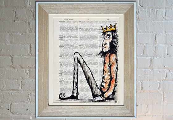 The Monkey King - Collage Art on Large Real English Dictionary Vintage Book Page