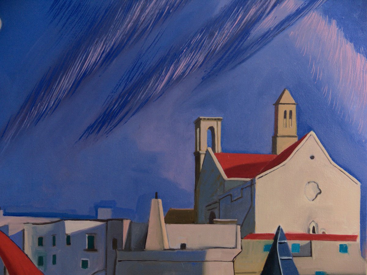 Landscape Oil Painting By Paul Rossi, 20 X 20", Giovinazzo Harbour, Puglia, Original Artwork