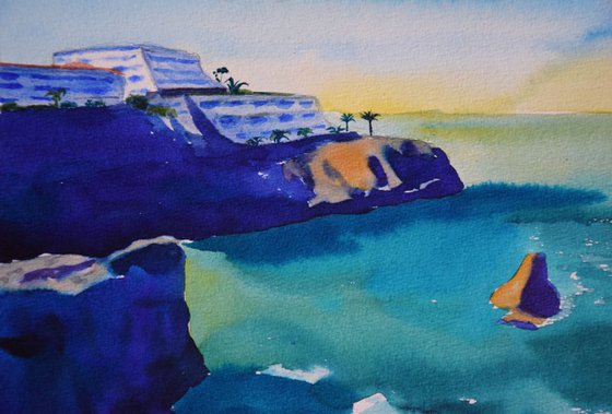 Spanish watercolor painting Sea and rocks on Canary Islands