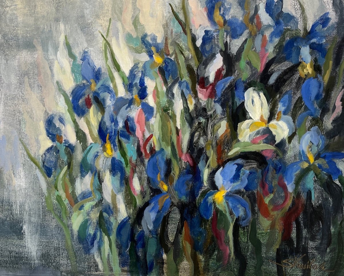 Impressionistic Botanical Acrylic Painting By Silvia Vassileva, 30 X 24", Blue Irises, Original Artwork