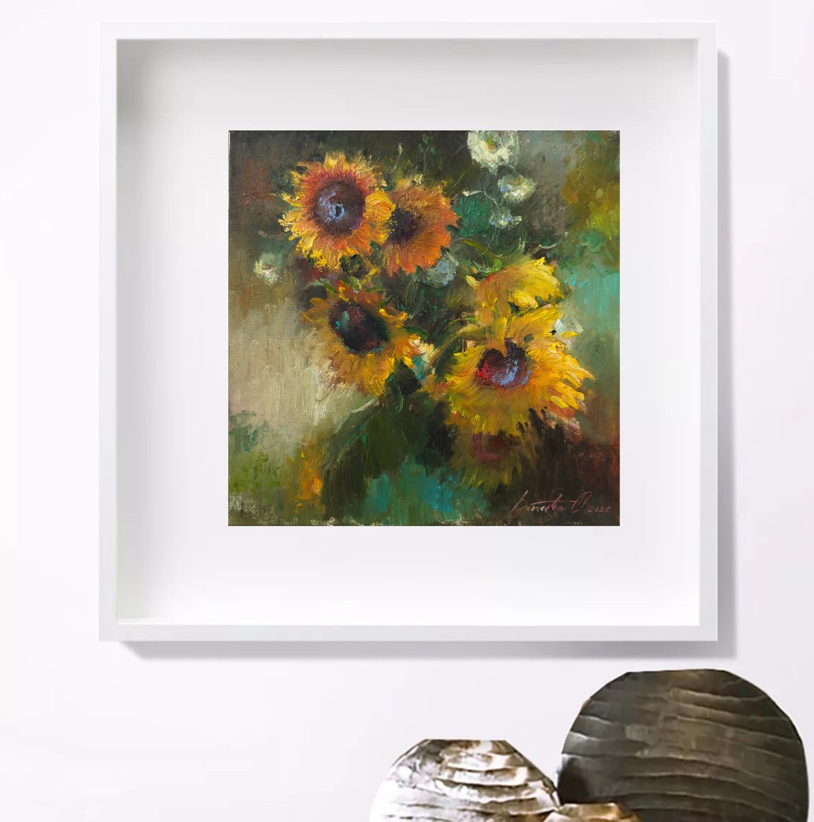 Impressionistic Botanical Oil Painting By Olha Laptieva, 10 X 10", Sunflowers, Original Artwork