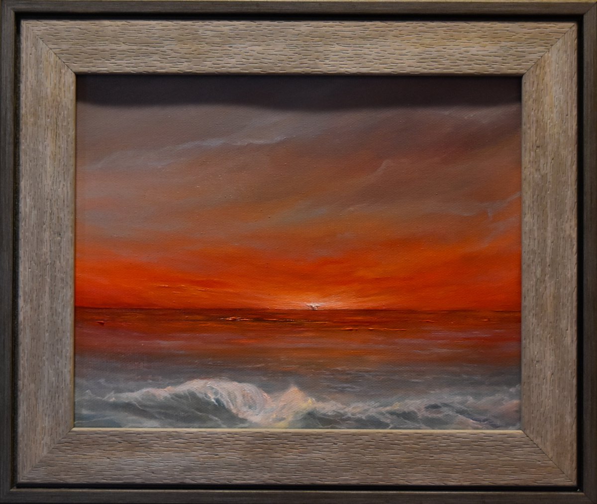 Impressionistic Landscape Oil Painting By Tamara Bettencourt, 13 X 11", Tangerine Skies Seascape, Original Artwork