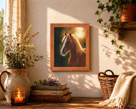 Brown horse portrait at sunset
