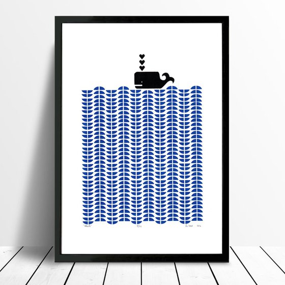 Whale in Santorini Blue - Framed - FREE Worldwide Delivery