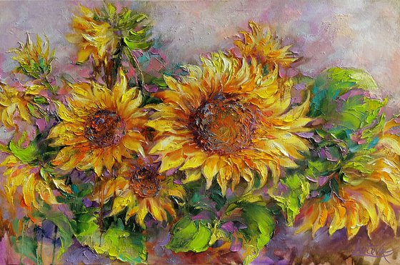 Sunflowers - Painting Oil Original, canvas, Bouquet of sunflowers, flowers sun, still life with sunflower,  impressionist artwork home decor