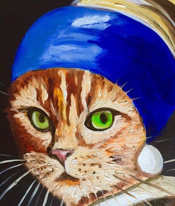 Cat with the pearl earring inspired by Vermeer painting modern home wall decor palette knife urban art feline art for cat lovers gift idea