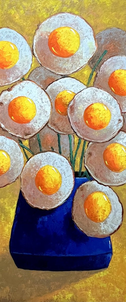 Egg flowers in blue vase by Ta Byrne