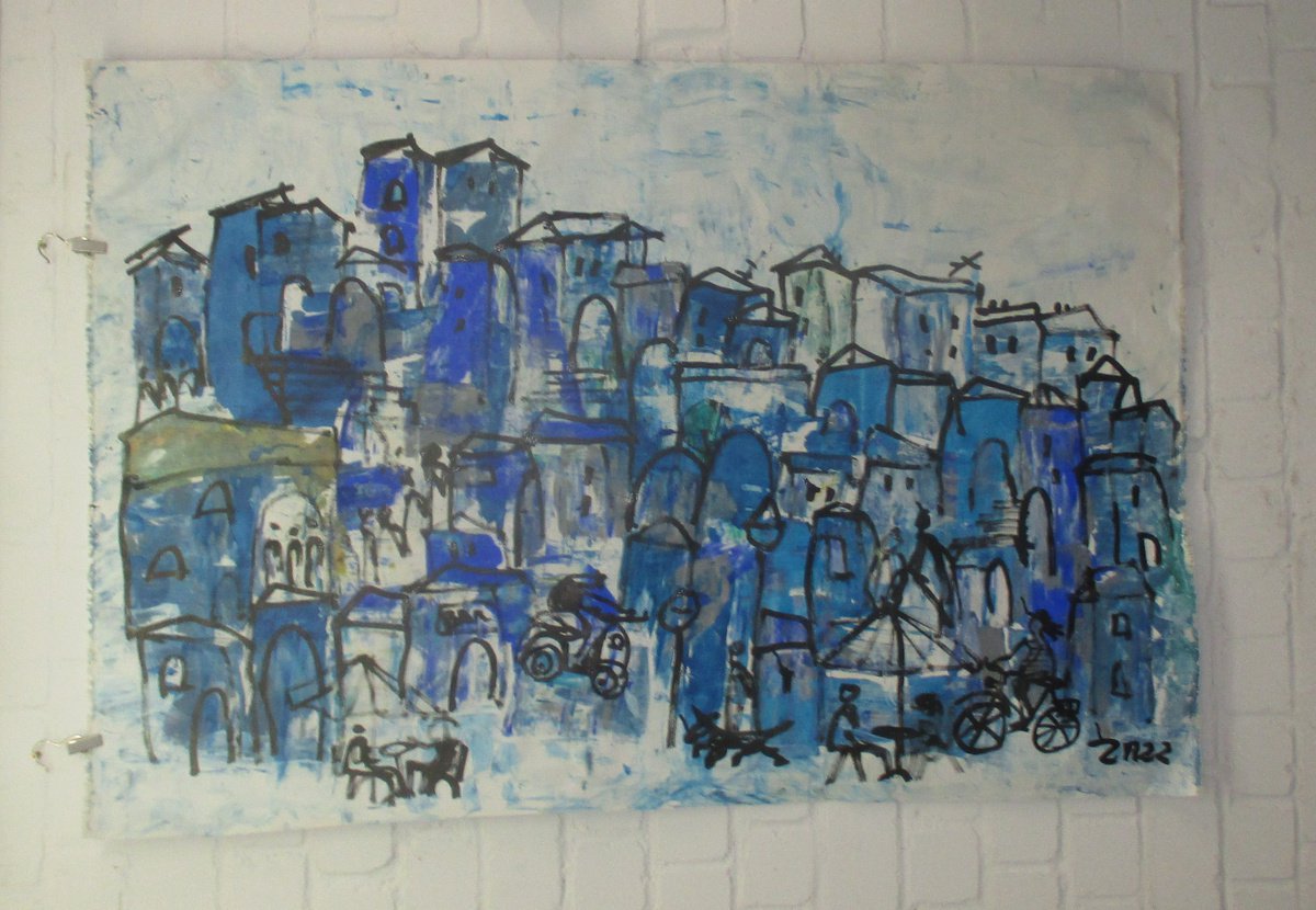 blue italian city, tuscany xxl on canvas, not stretched by Sonja Zeltner-Muller