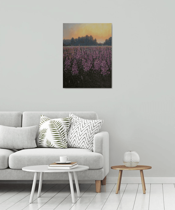 Sunset Over The Fireweed Field - summer painting landscape