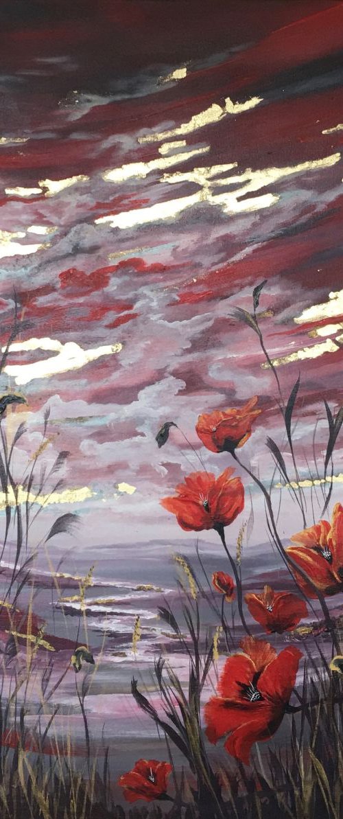 Poppies on gold leaf by Marja Brown